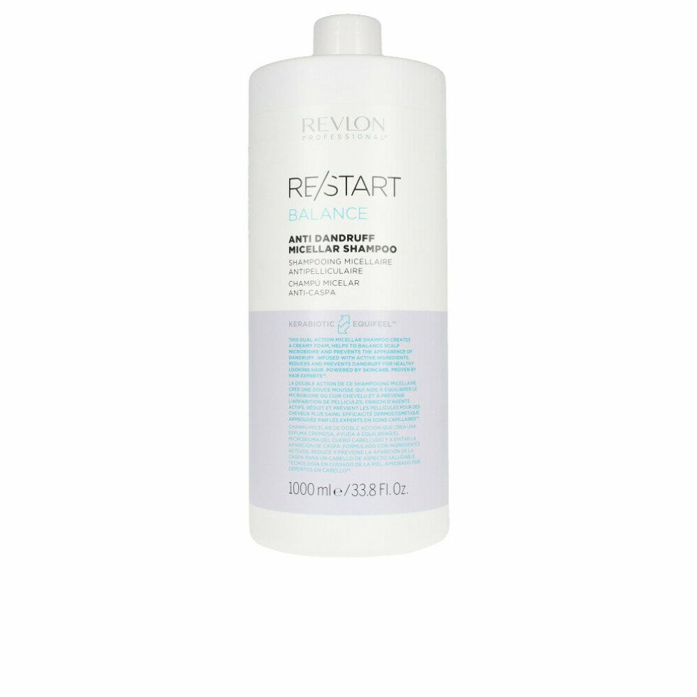 Weiße Flasche Revlon Re-Start Balance Anti-Schuppen Micellar Shampoo. Text: Anti-Schuppen, 1000 ml/33.8 fl oz.