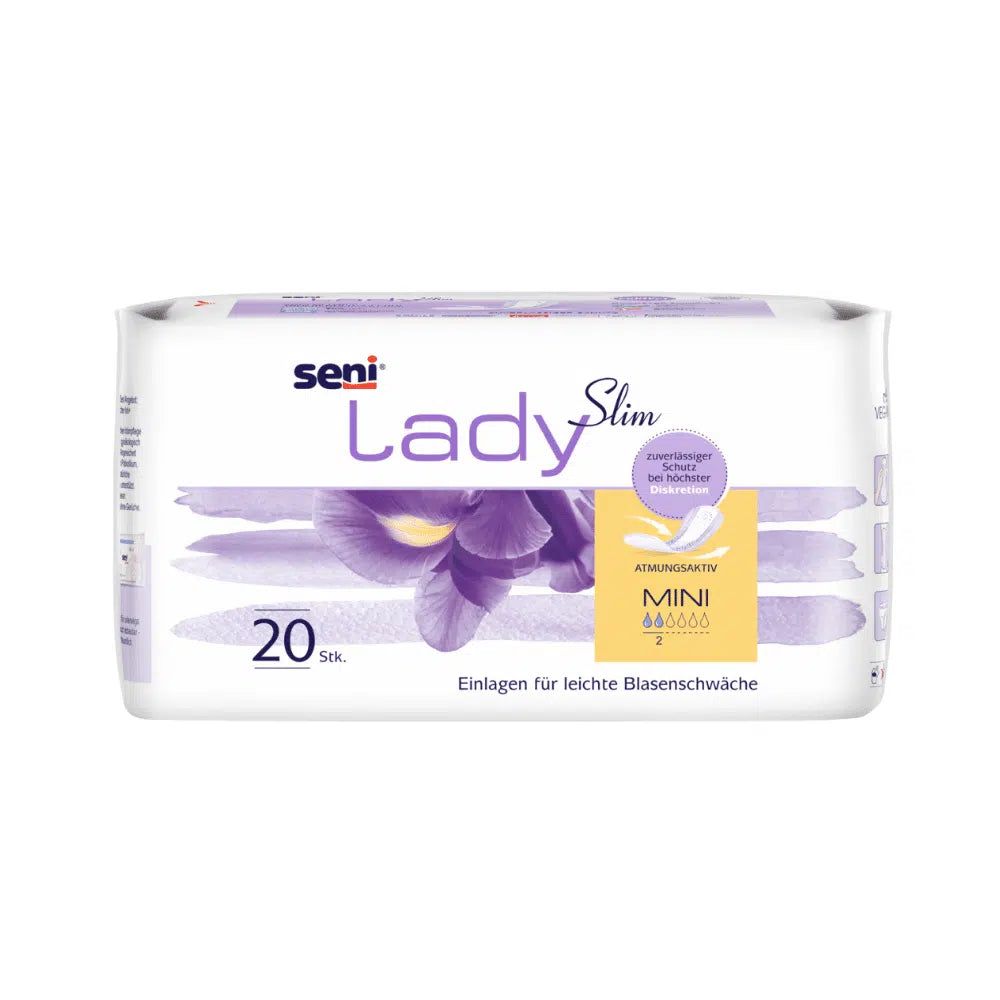Verpackung Seni Lady Slim Mini Einlagen. 20 Stück. Mit floralem Design und Produktinformationen.