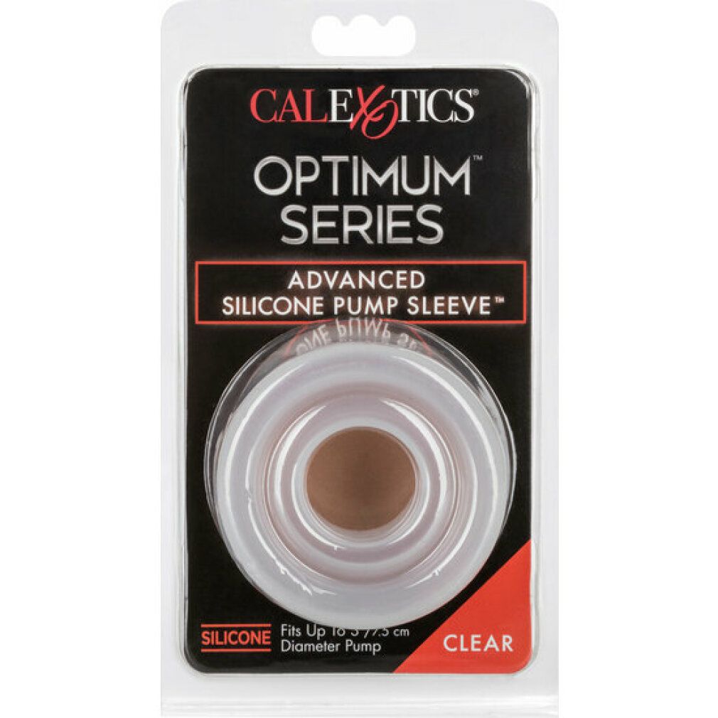 Transparenter Silikonaufsatz in Blisterverpackung. Aufschrift: OPTIMUM SERIES, ADVANCED SILICONE PUMP SLEEVE. Passend für Pumpen bis 5,7 cm.