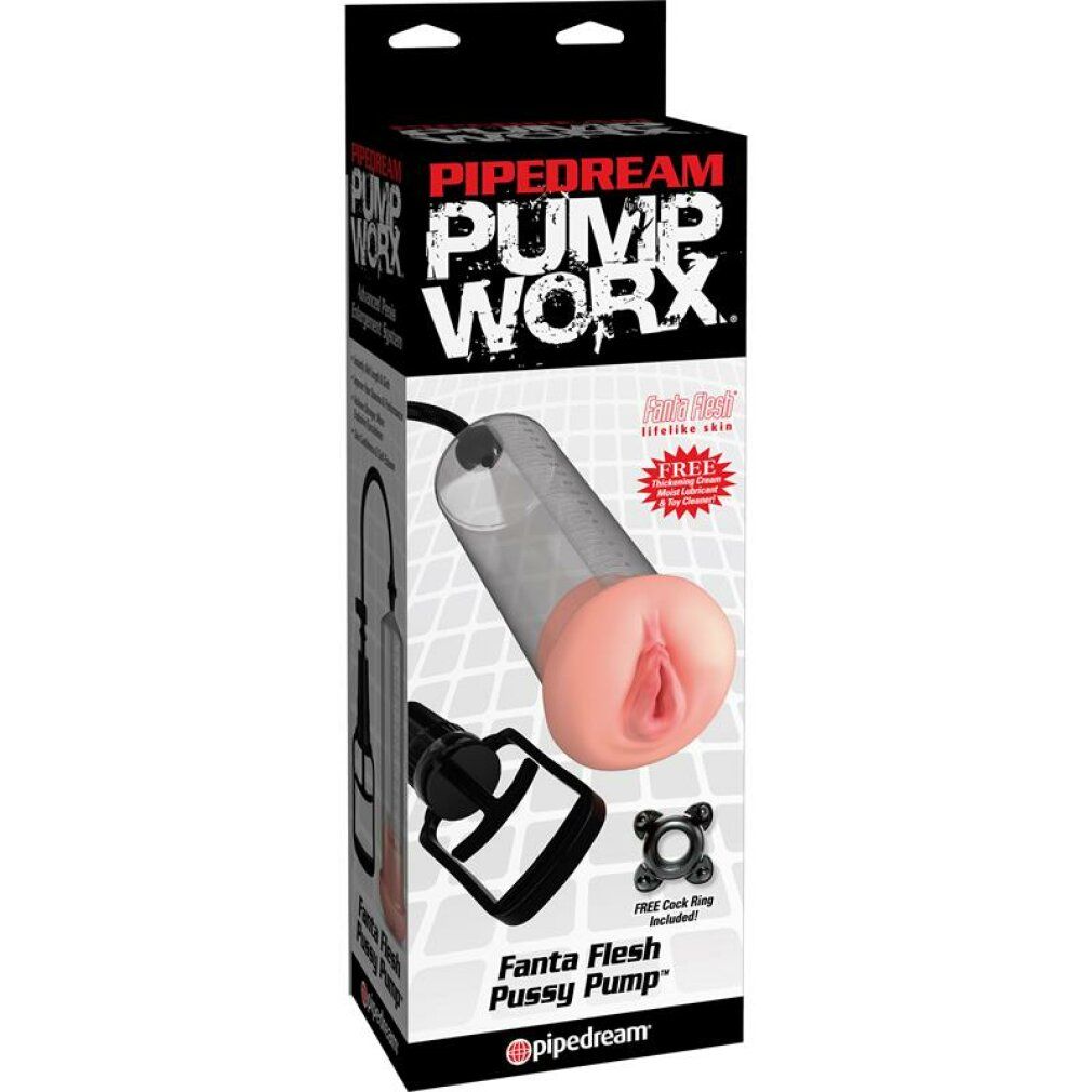 Verpackung der Penispumpe. Marke Pipedream Pump Worx. Produktbild und Text. Schwarzer Hintergrund.