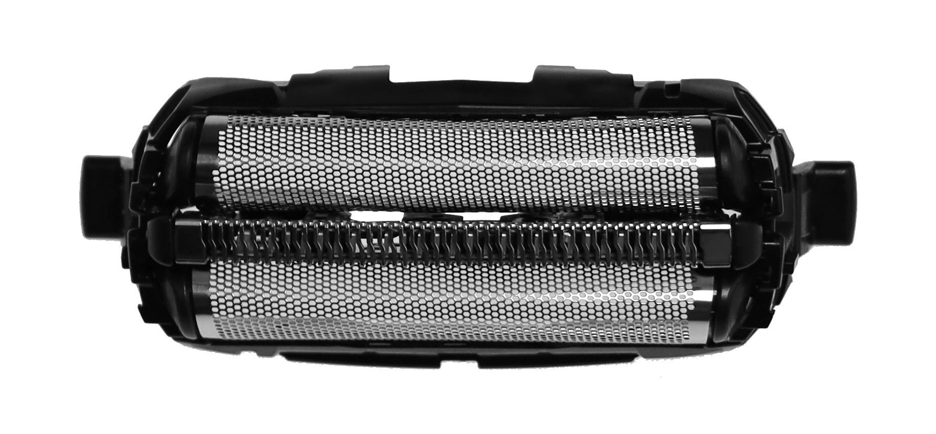 Rasierklinge mit zwei silberfarbenen Scherköpfen und schwarzem Rahmen. Nahaufnahme, isoliert auf weißem Hintergrund.