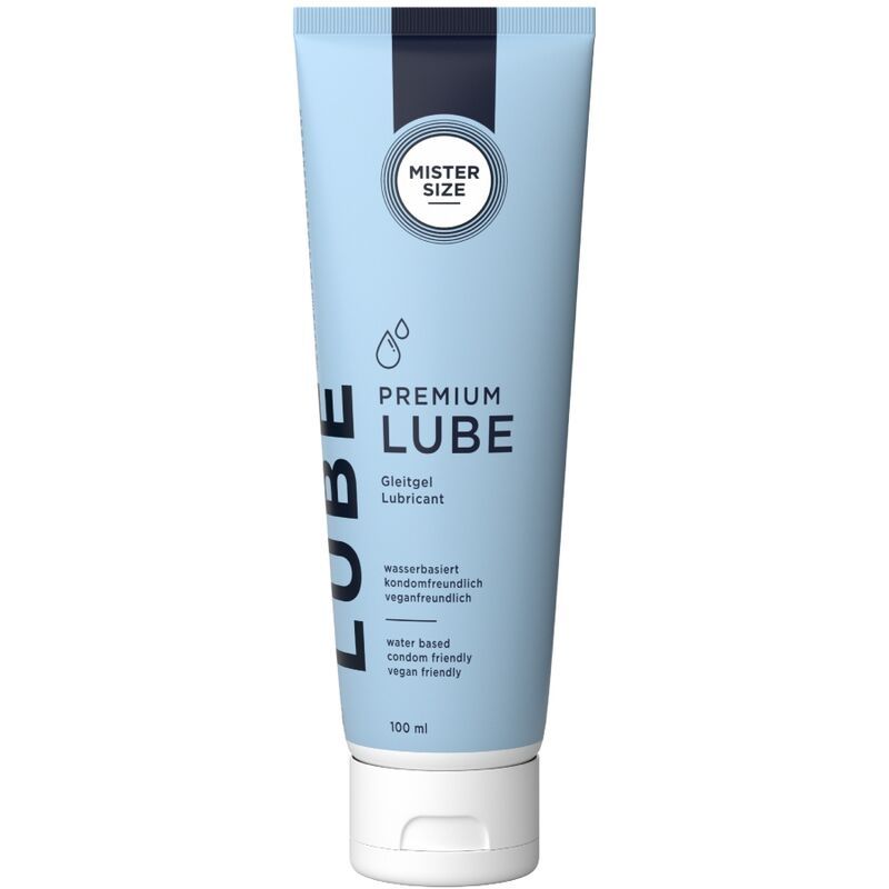 Hellblaue Tube mit Produktnamen und Logo. Text: Premium Lube, Gleitgel, wasserbasiert, veganfreundlich. 100 ml.