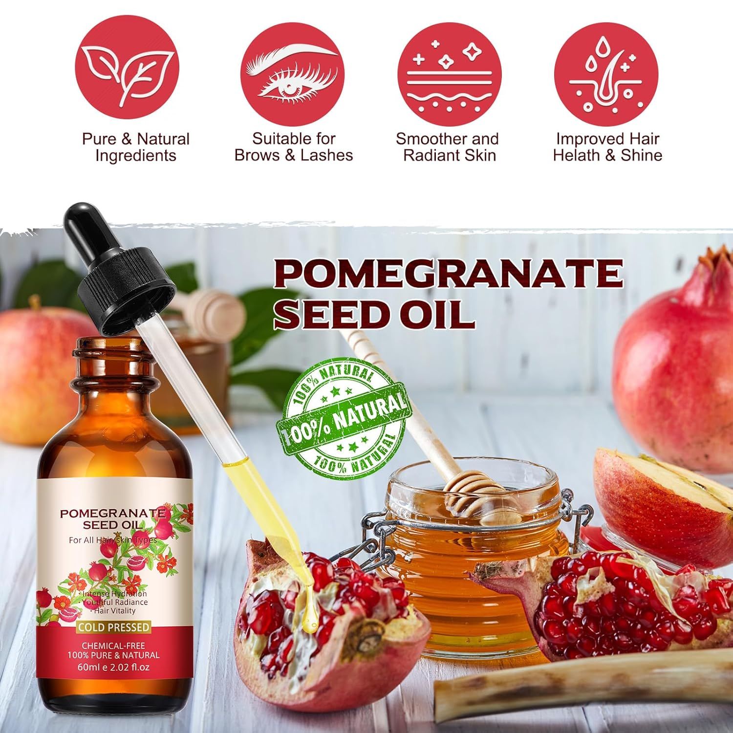 Braune Flasche mit Pipette, Granatapfelöl. Text: Pomegranate Seed Oil, 100% Natural. Abgebildet: Granatapfel, Honig, Blätter.