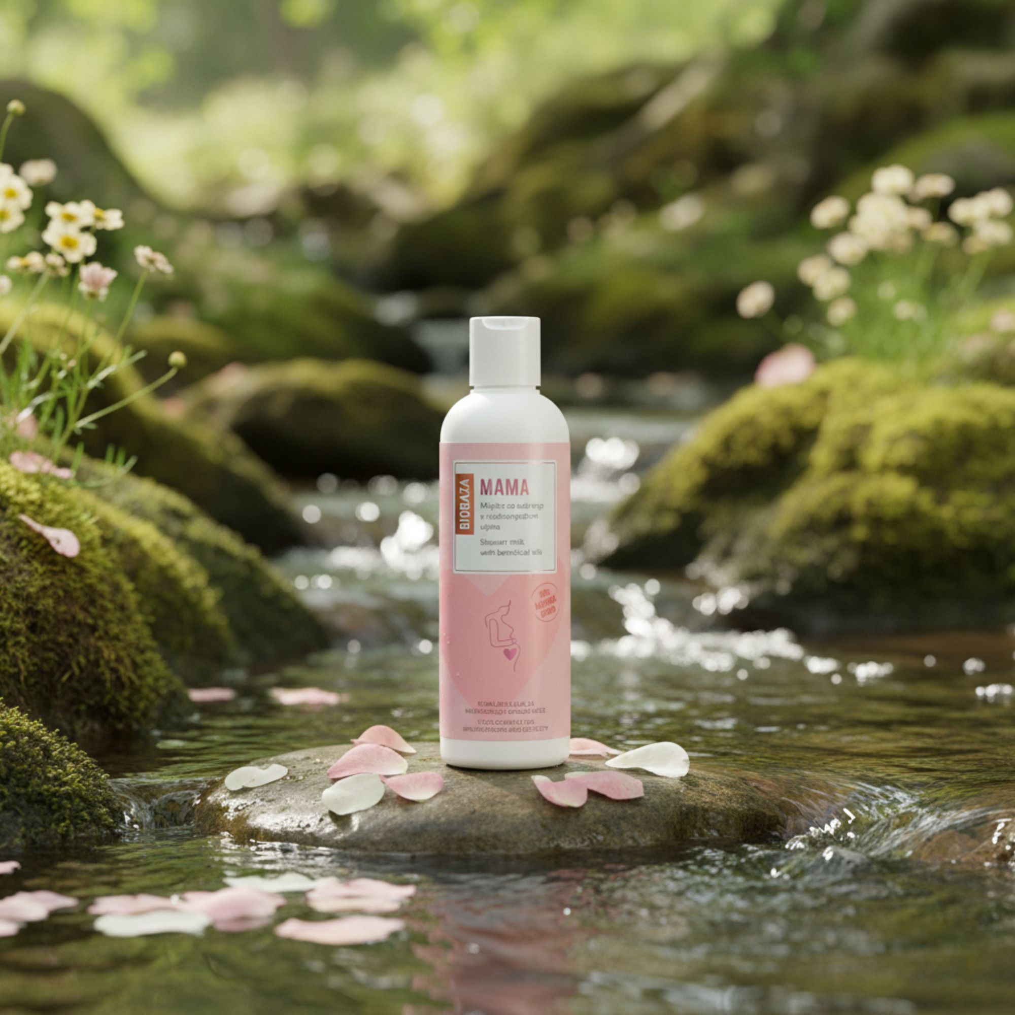 Weiße Flasche mit rosa Etikett. Text: Mama, Duschmilch mit Ölen. Logo: Biobaza. Steht auf einem Stein in einem Bach. Blütenblätter.