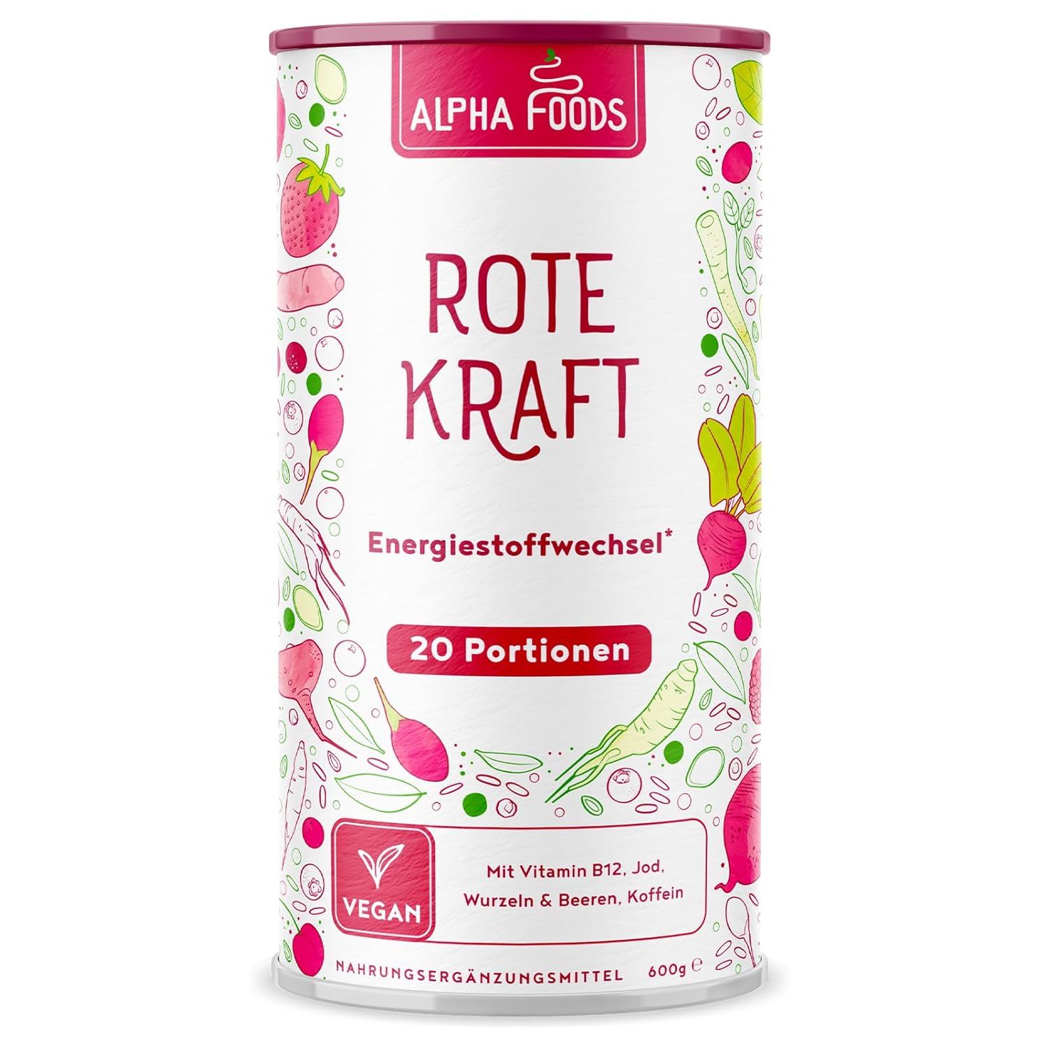 Dose Alpha Foods Rote Kraft. Text: Rote Kraft, 20 Portionen, vegan. Illustrationen von Gemüse und Früchten.