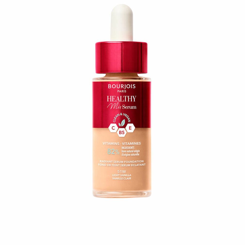 Serum Foundation Flasche. Roter Deckel, transparente Flasche mit beiger Flüssigkeit. Weißer Applikator. Produktname und Details sichtbar.