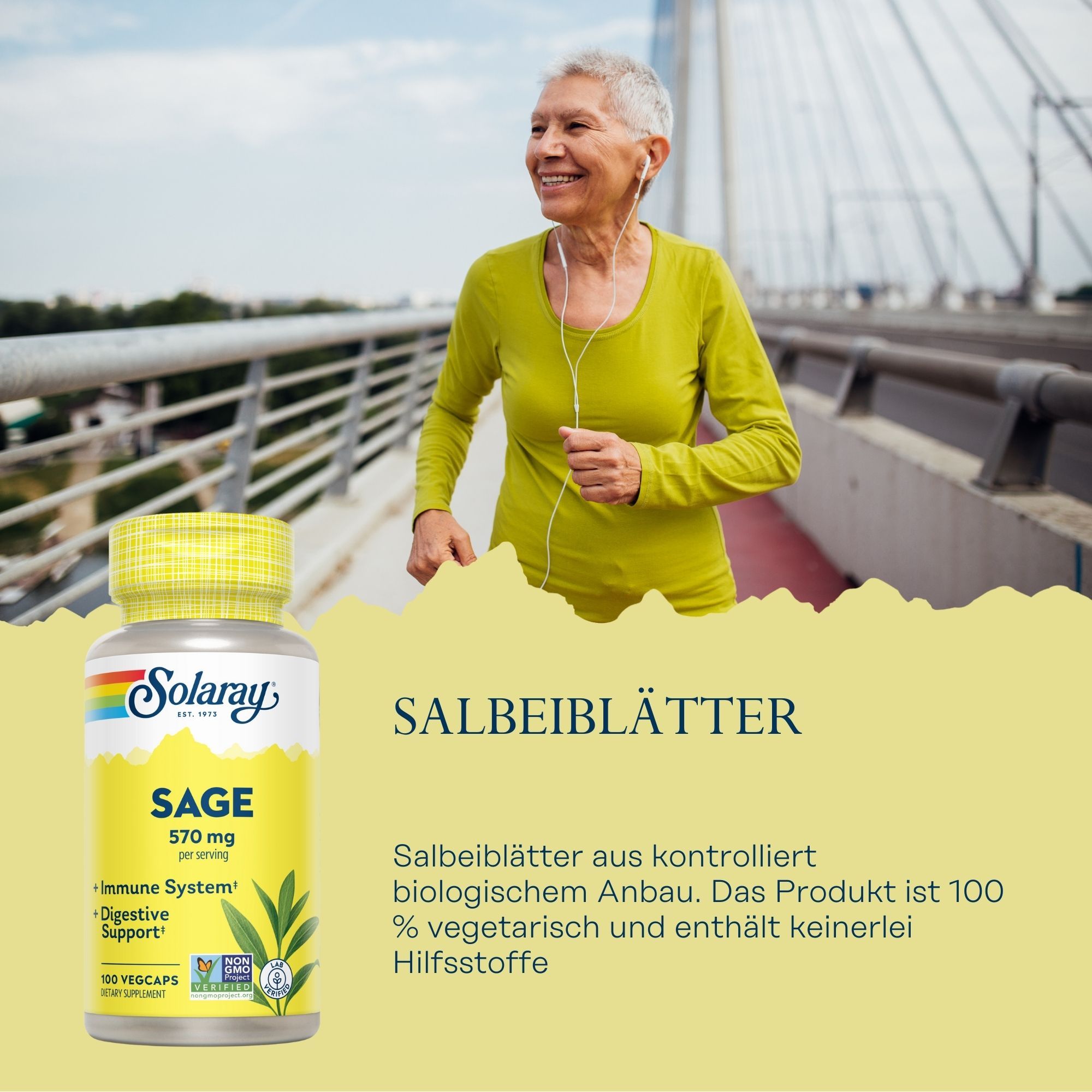 Solaray Salbei-Blätter 570 mg, 100 Vegicaps. Gelbe Flasche mit gelbem Deckel. Frau joggt auf Brücke.