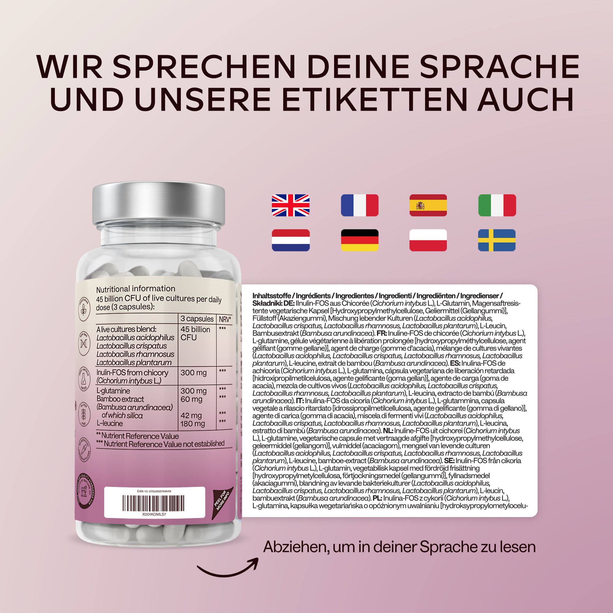 Flasche mit Kapseln und Text in verschiedenen Sprachen. Text: AAVALABS, Women's Probiolac.