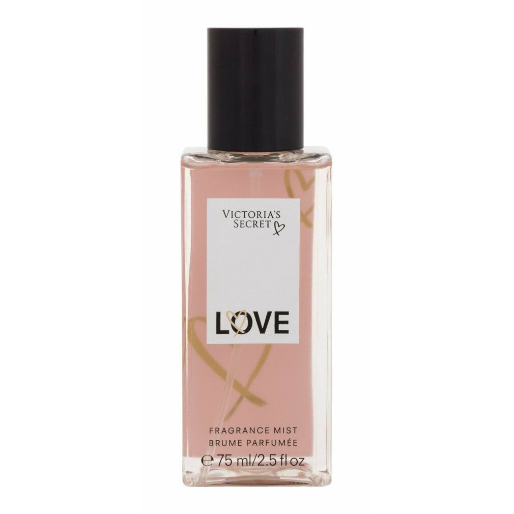Rechteckige Flasche mit schwarzem Deckel. Aufschrift "Victoria's Secret LOVE". Goldene Herz-Grafik. "Fragrance Mist" und Volumenangabe.