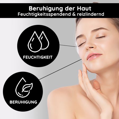 Frau berührt ihr Gesicht. Kreise mit Tropfen und Blatt-Symbolen. Text: FEUCHTIGKEIT, BERUHIGUNG.