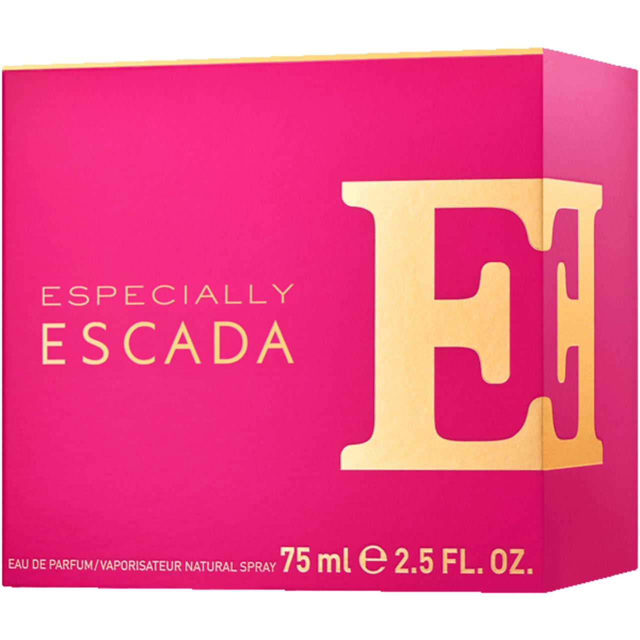 Pinke Verpackung mit goldfarbenem Buchstaben E. Schriftzug ESPECIALLY ESCADA. Text: Eau de Parfum, 75 ml.