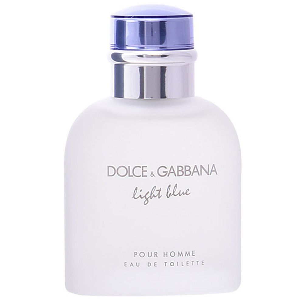 Mattierter Flakon mit silbernem Hals und blauem Deckel. Aufschrift: Dolce & Gabbana Light Blue Pour Homme Eau de Toilette.