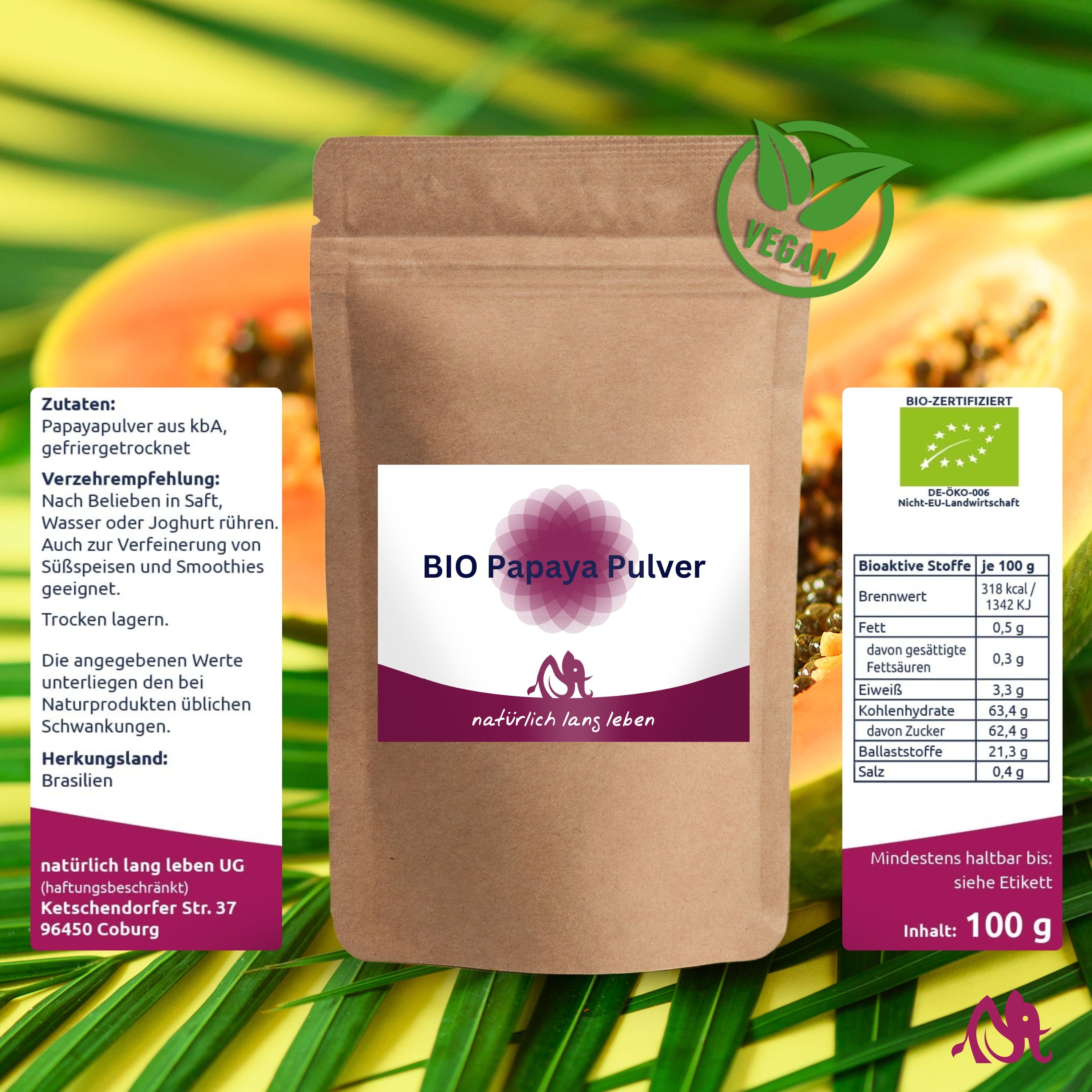 Braune Papiertüte mit Etiketten. Auf dem Etikett steht BIO Papaya Pulver und natürlich lang leben. Vegan-Siegel und Bio-Zertifizierung.