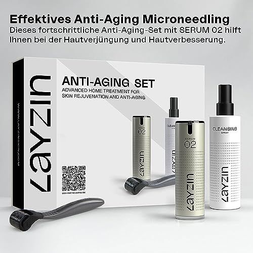 LAYZIN Anti-Aging-Set mit Serum, Cleanser und Derma-Roller. Mehrere Produkte auf weißem Hintergrund.