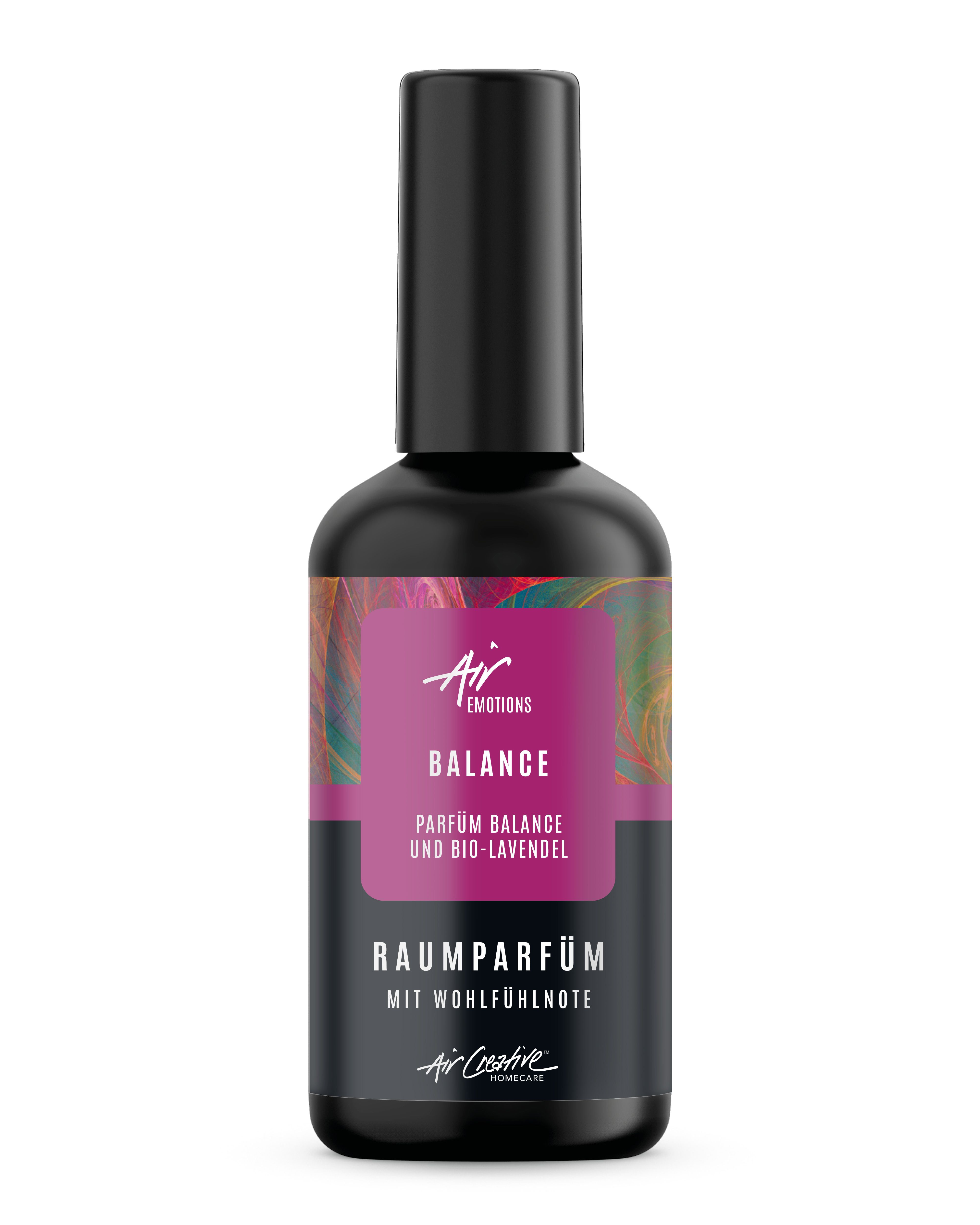 Schwarze Flasche mit Etikett. Text: Balance, Raumparfüm mit Bio-Lavendel. Marke: Air Creative. Pinkes Etikett mit bunten Akzenten.