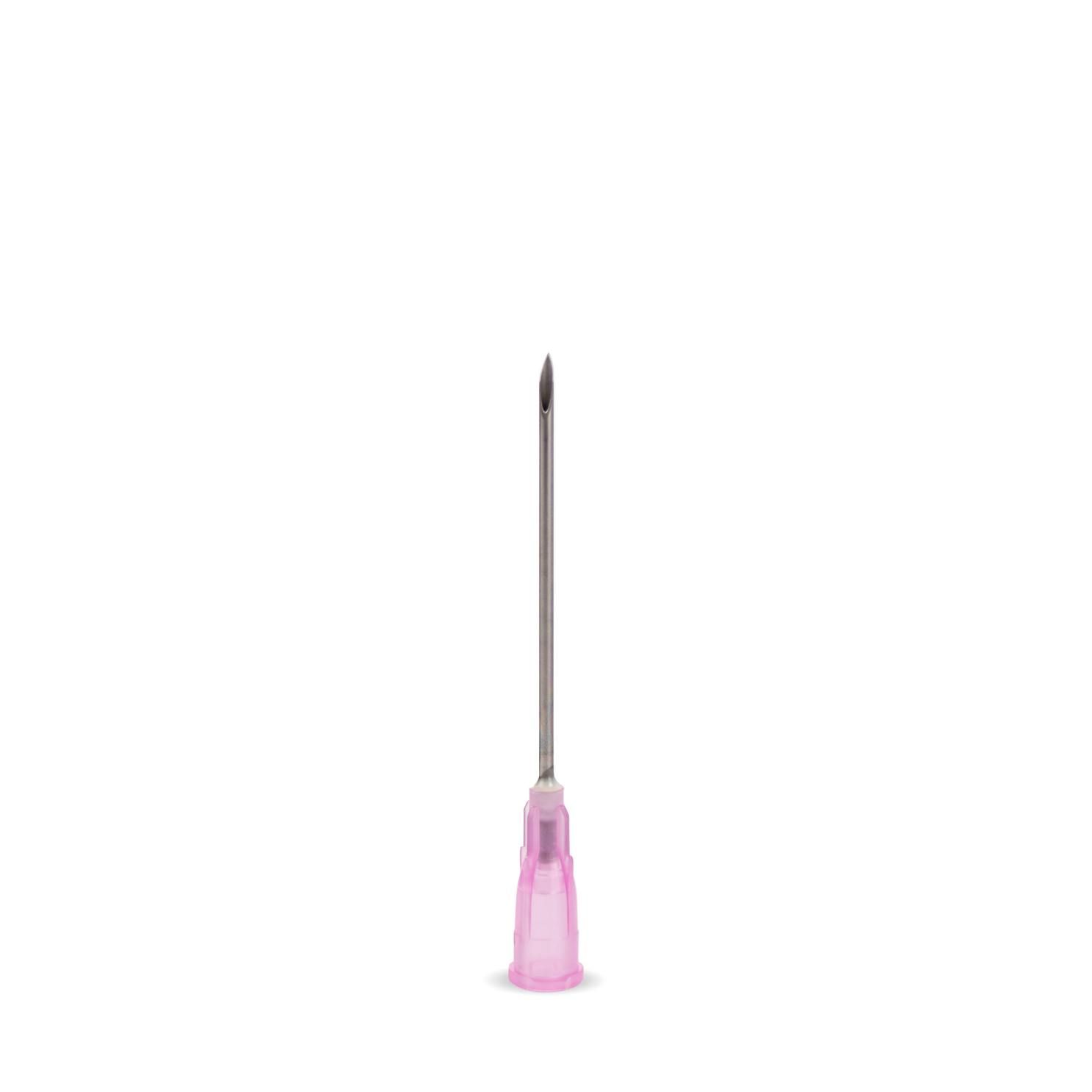 Kanüle Sondergröße mit rosa Ansatz. Spitze, metallische Nadel. Auf weißem Hintergrund.