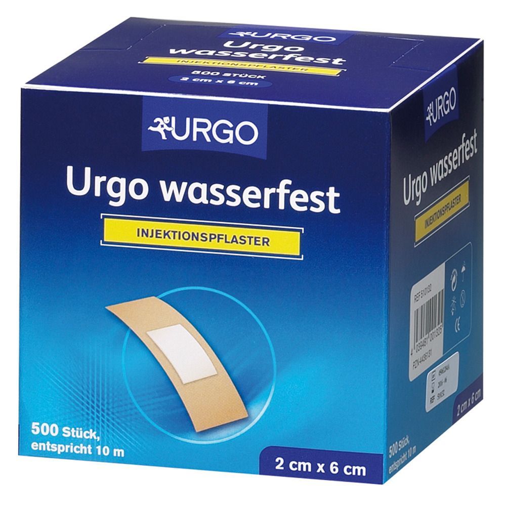 Blau-weiße Verpackung mit Pflaster. Aufschrift: Urgo wasserfest, 2 cm x 6 cm. Enthält 500 Stück.