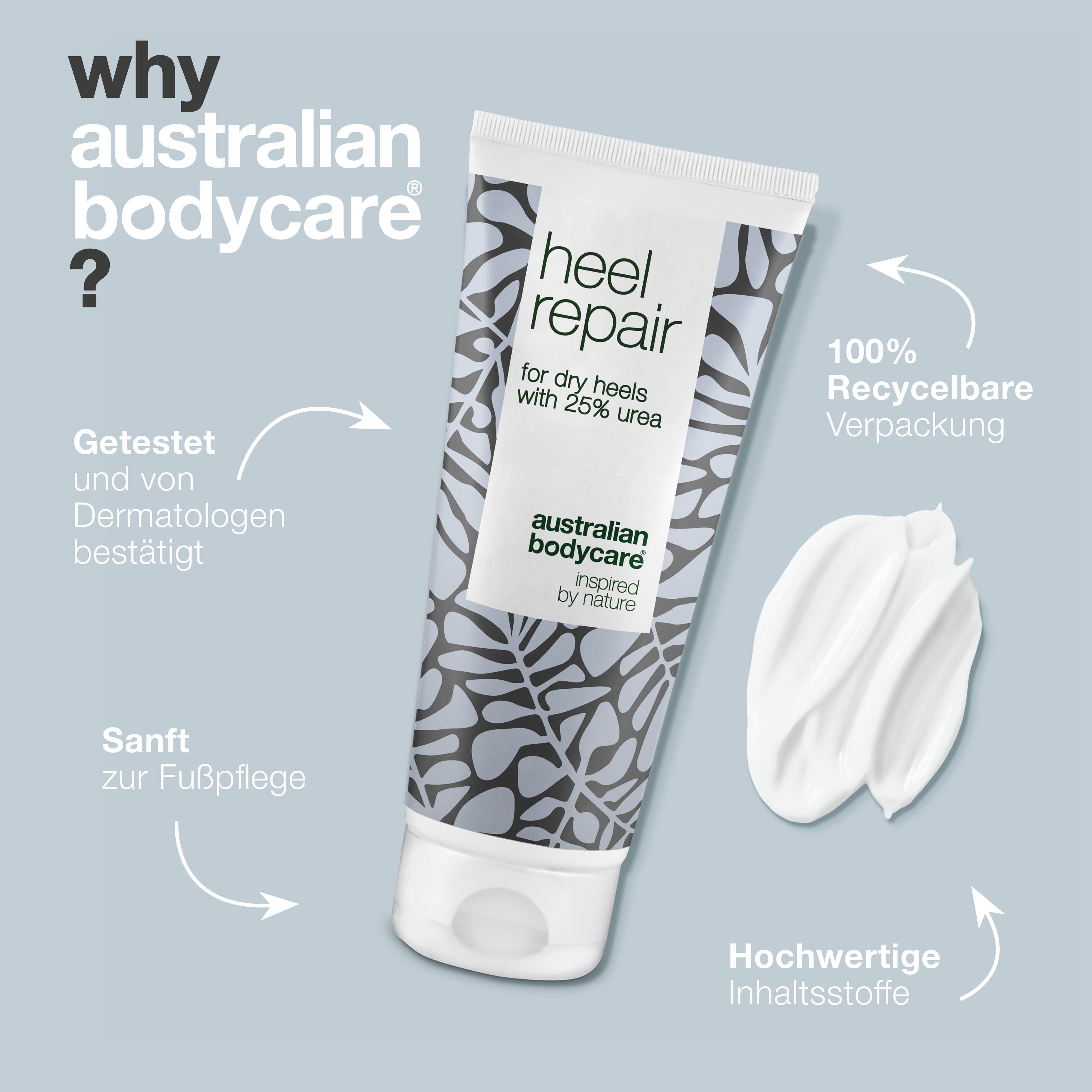 Tube Heel Repair, Australian Bodycare. Text: 100% recycelbare Verpackung. Creme.
