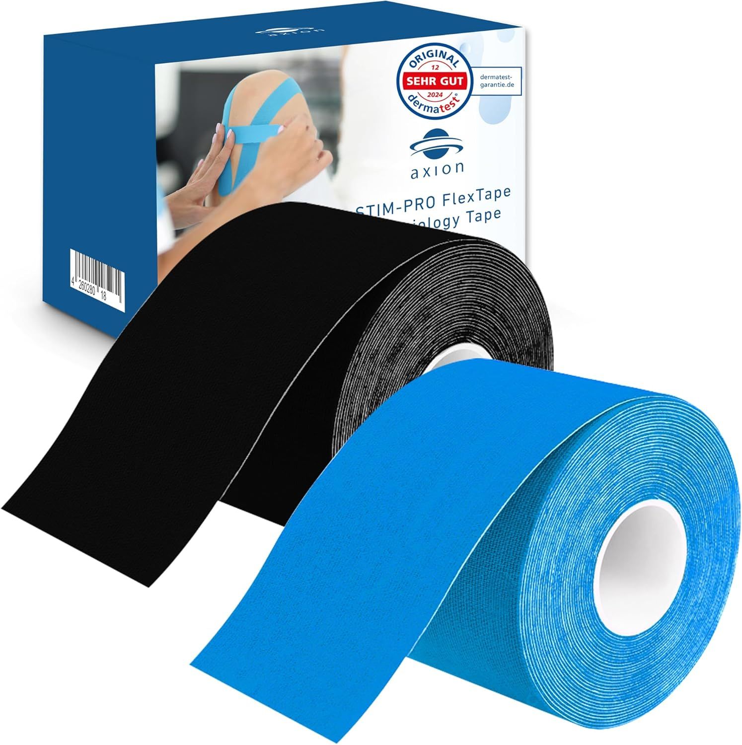 Rollen Kinesiologie-Tape in Schwarz und Blau. Verpackung mit Produktabbildung und Aufschrift. Logo und Qualitätszeichen.