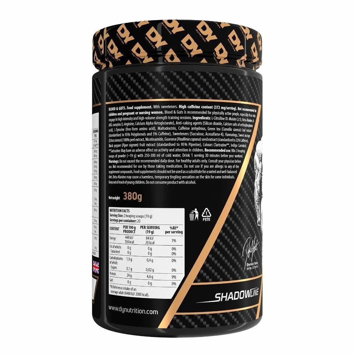 Rückseite der Dose DY Nutrition Blood & Guts. Enthält Nährwertangaben und Text. Schwarzer Behälter mit goldfarbenen Akzenten.