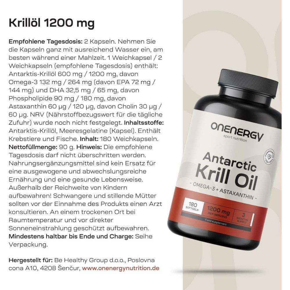 Collage: Flasche OnEnergy Antarctic Krill Oil, Text über Krillöl 1200 mg, Stichpunkte.