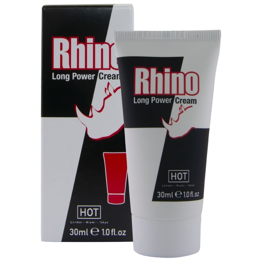 Rückseite der Rhino Long Power Cream Verpackung mit mehrsprachigen Anwendungshinweisen und Logo.