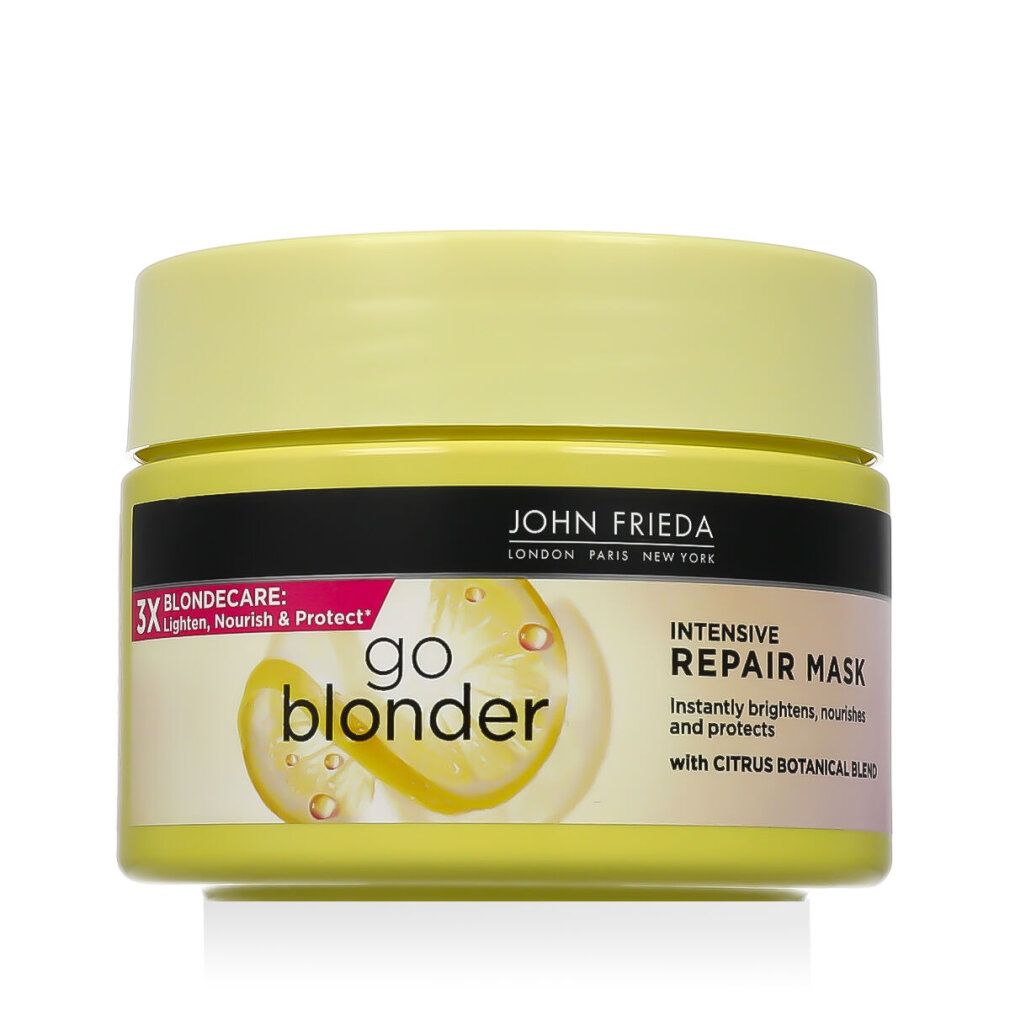 Gelbe Dose mit Deckel. Aufschrift: John Frieda, Go Blonder, Intensive Repair Mask. Mit Zitronen-Illustration.