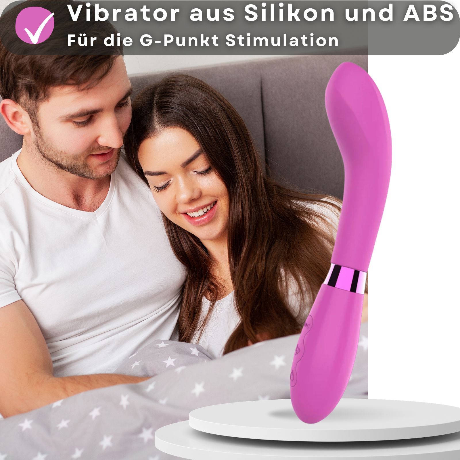 Pinkfarbener Vibrator. Paar im Bett. Text: Silikon, G-Punkt Stimulation.