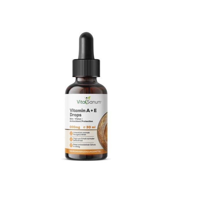 VitaSanum Vitamin A+E Tropfen Flasche mit Pipettenverschluss. Enthält 30 ml.