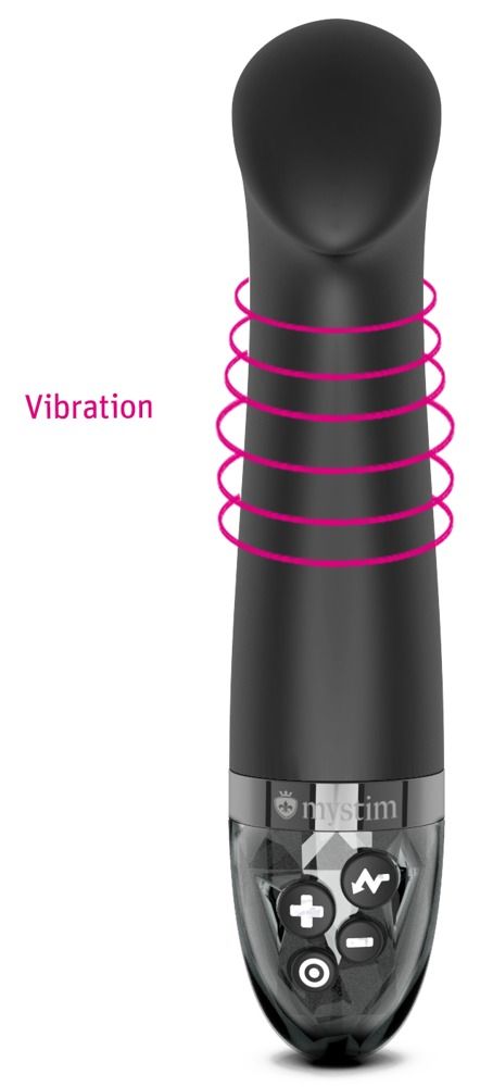 Schwarzer eStim Vibrator. Vibrationsanzeige. Marke Mystim. Bedienknöpfe. Transparentes Ende.