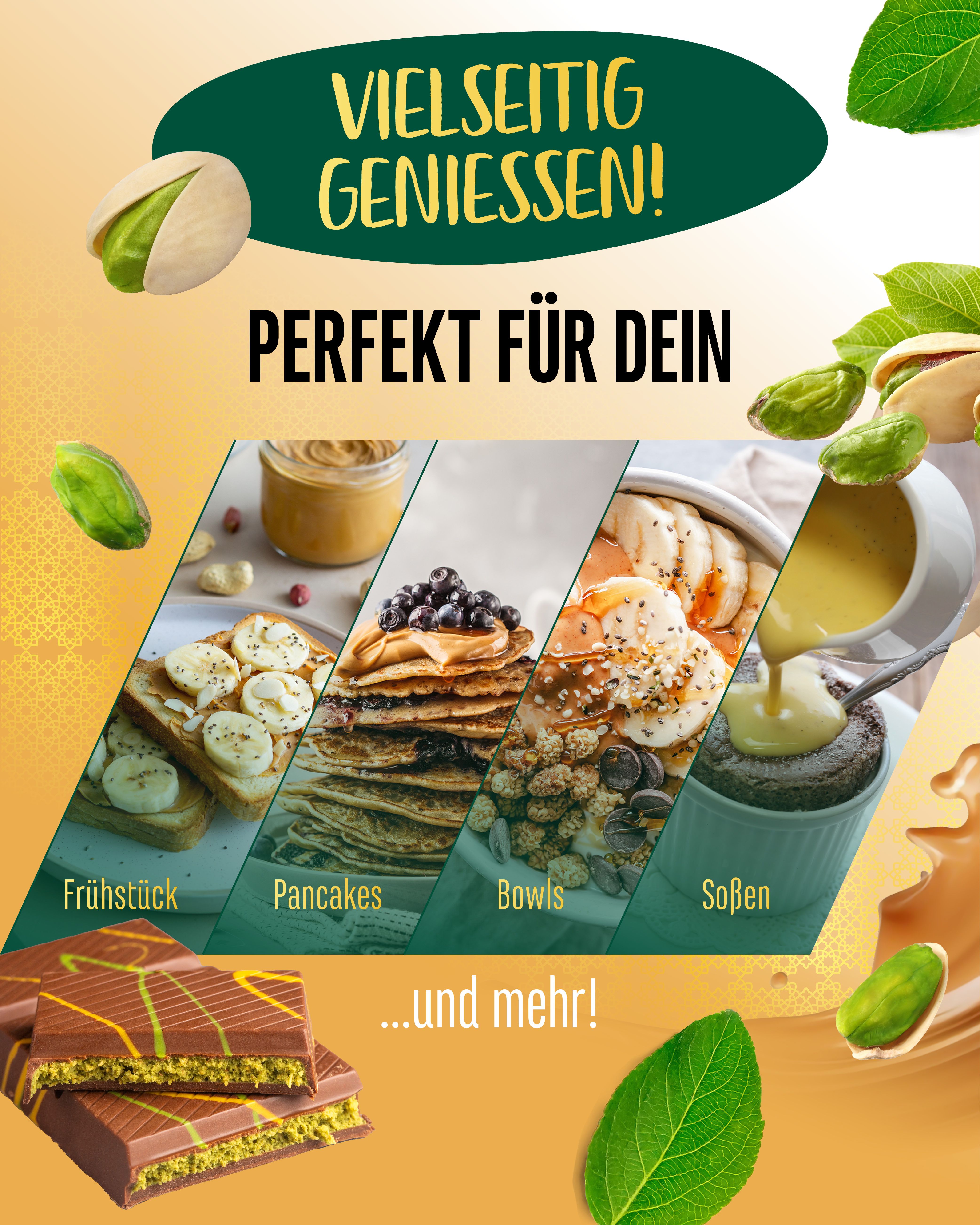 Werbebild für Pistaziencreme Dubai Style von vit4ever. Produktanwendungen: Frühstück, Pfannkuchen, Bowls, Soßen. Abgebildet: Pistaziencreme, Toast, Pfannkuchen, Bowls und Soßen.