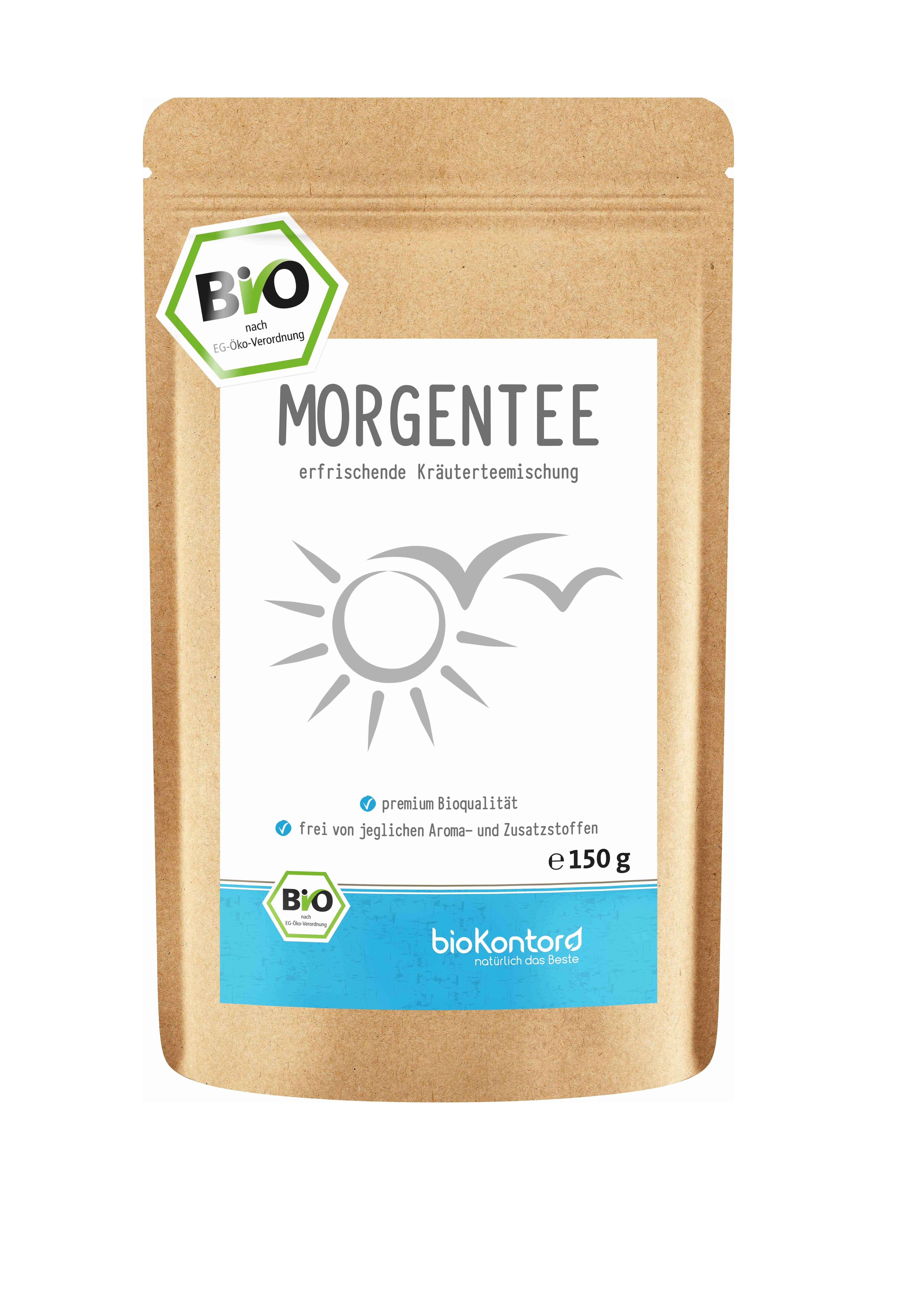 Beutel mit Morgentee-Aufdruck. Bio-Siegel. Text: erfrischende Kräutermischung, frei von jeglichen Aroma- und Zusatzstoffen. 150 g.