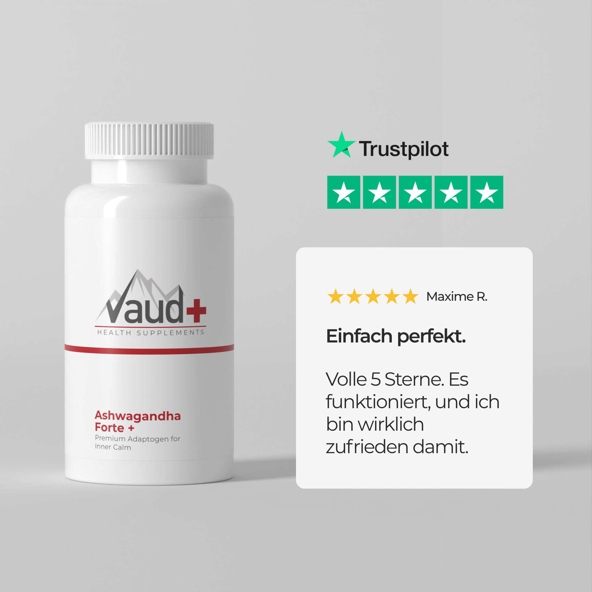 Weiße Flasche mit Logo und Text. Trustpilot-Bewertung mit 5 Sternen. Kundenbewertung: Einfach perfekt.