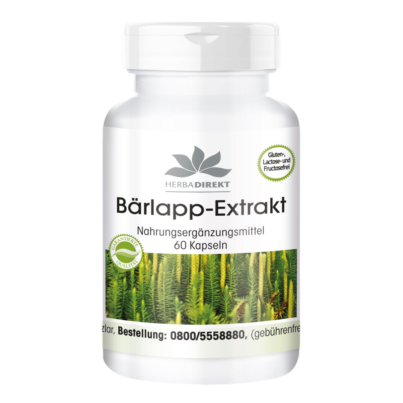 Weiße Flasche mit Kapseln. Aufschrift: Bärlapp-Extrakt, 60 Kapseln. Logo: Herbadirekt. Gluten-, Laktose- und Fructosefrei.