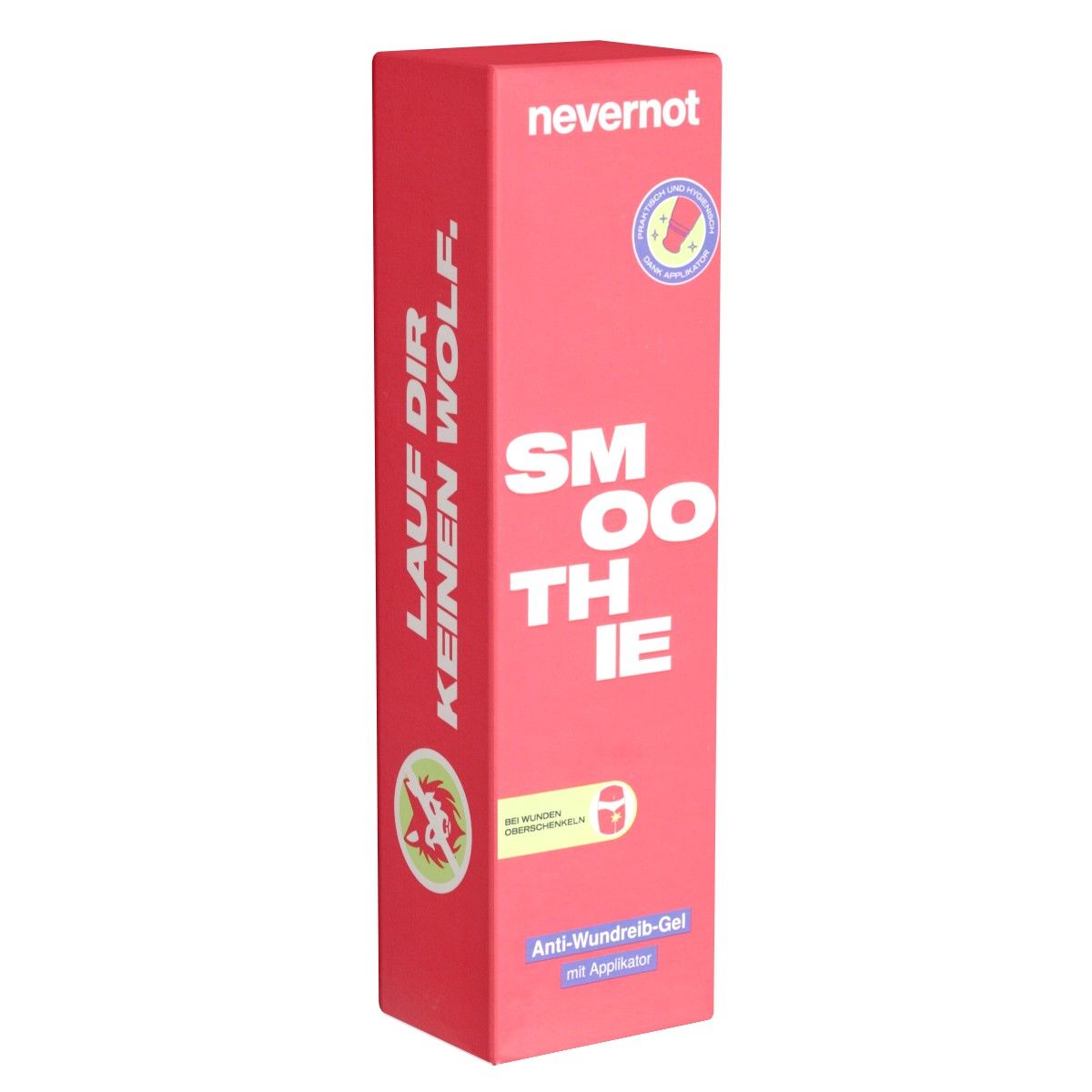 Rote rechteckige Verpackung mit weißer Schrift. Oben steht "nevernot", darunter "Smoothie". Text: Anti-Wundreib-Gel mit Applikator.