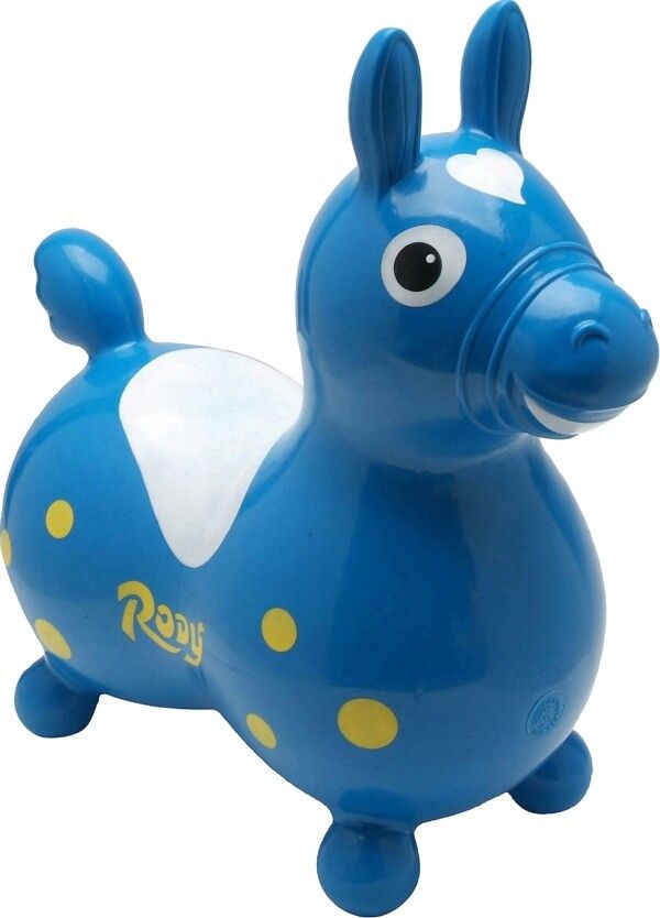 Blaues Gymnic® Cavallo Rody. Aufblasbares Spielpferd mit gelben Punkten. Ohren, Schwanz und vier Füße. Rody-Schriftzug.