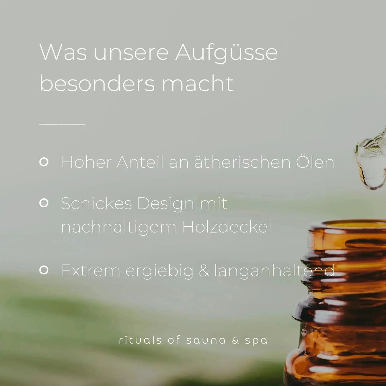 Braune Flasche mit Text: Hoher Anteil an ätherischen Ölen, schickes Design mit nachhaltigem Holzdeckel. Rituals of sauna & spa.