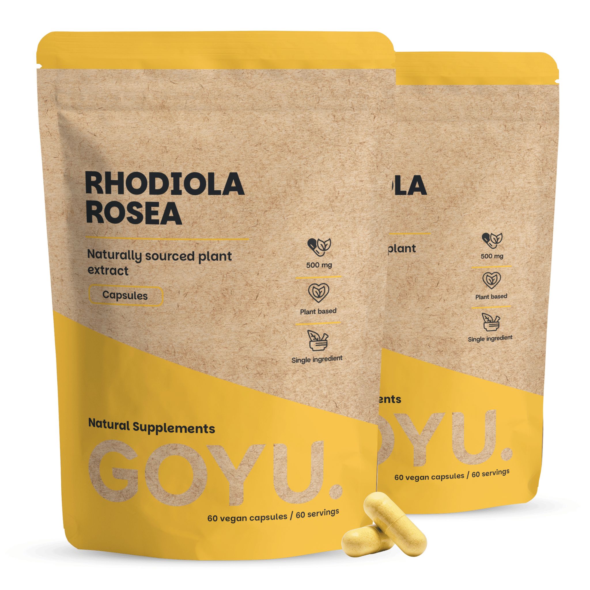 Zwei Packungen Rhodiola Rosea Kapseln, 500 mg, pflanzlich, einzelner Inhaltsstoff. Marke GOYU.