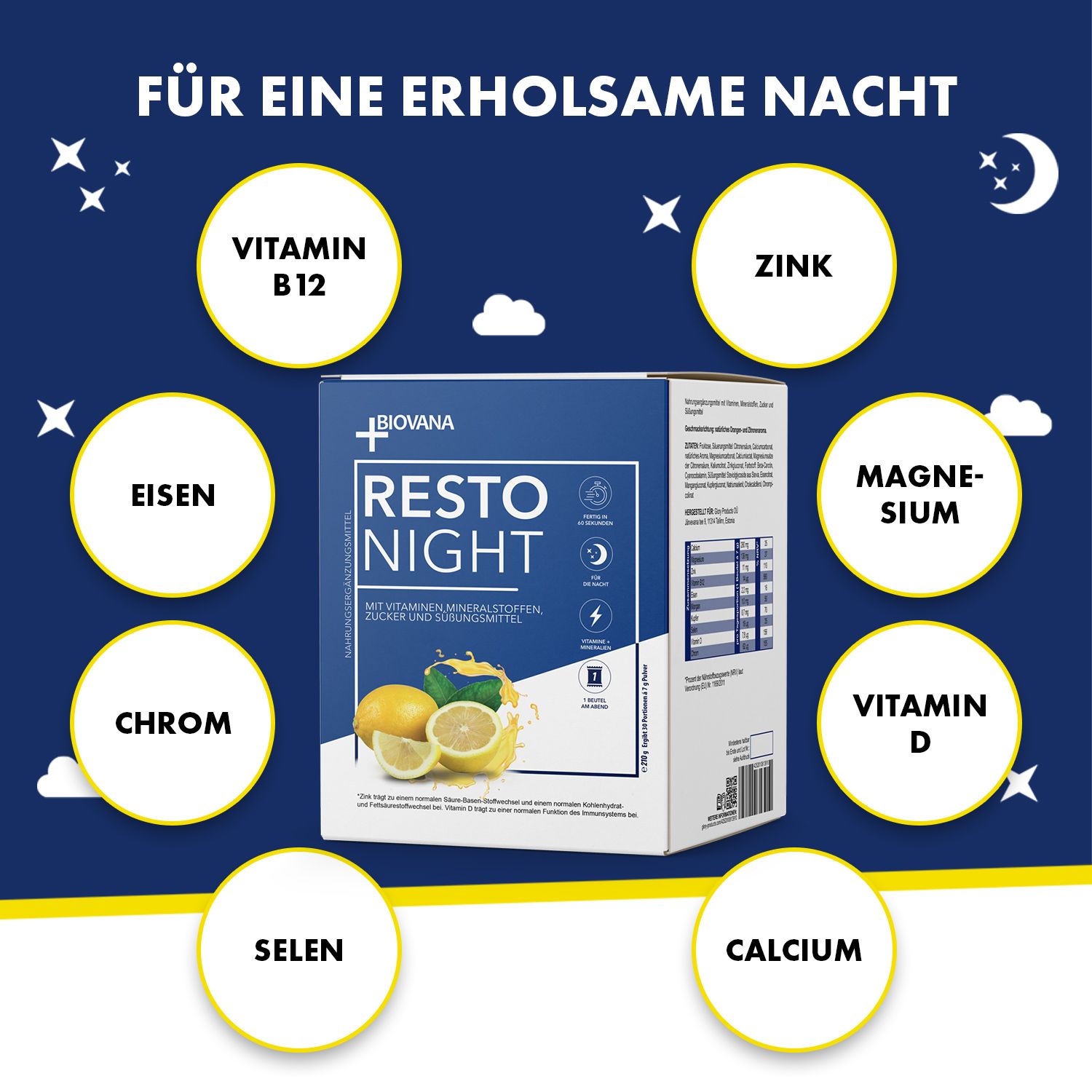 Resto Night-Box mit Produktlogo, Zitronen-Abbildung. Kreise mit Vitaminen und Mineralien: B12, Zink, Eisen, etc.