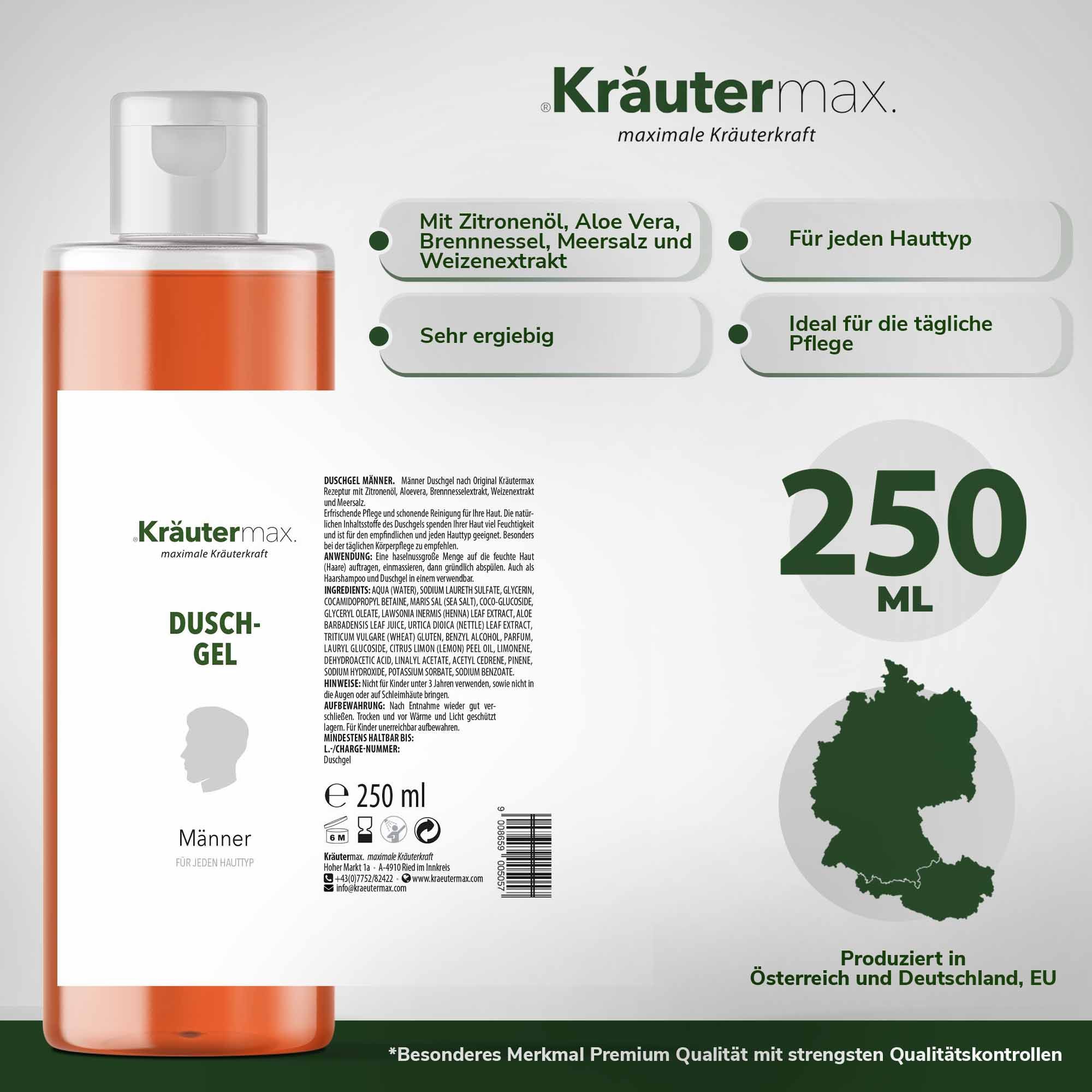 Kräutermax Duschgel Männer, Flasche mit weißem Deckel. Etikett mit Inhaltsstoffen, 250 ml. Karte mit Informationen und Deutschlandkarte.