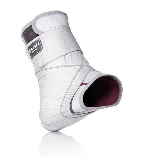 Knöchelbandage, weiß mit grauen Akzenten, perspektivische Ansicht. Das Produkt hat Klettverschlüsse und das Push-Logo.
