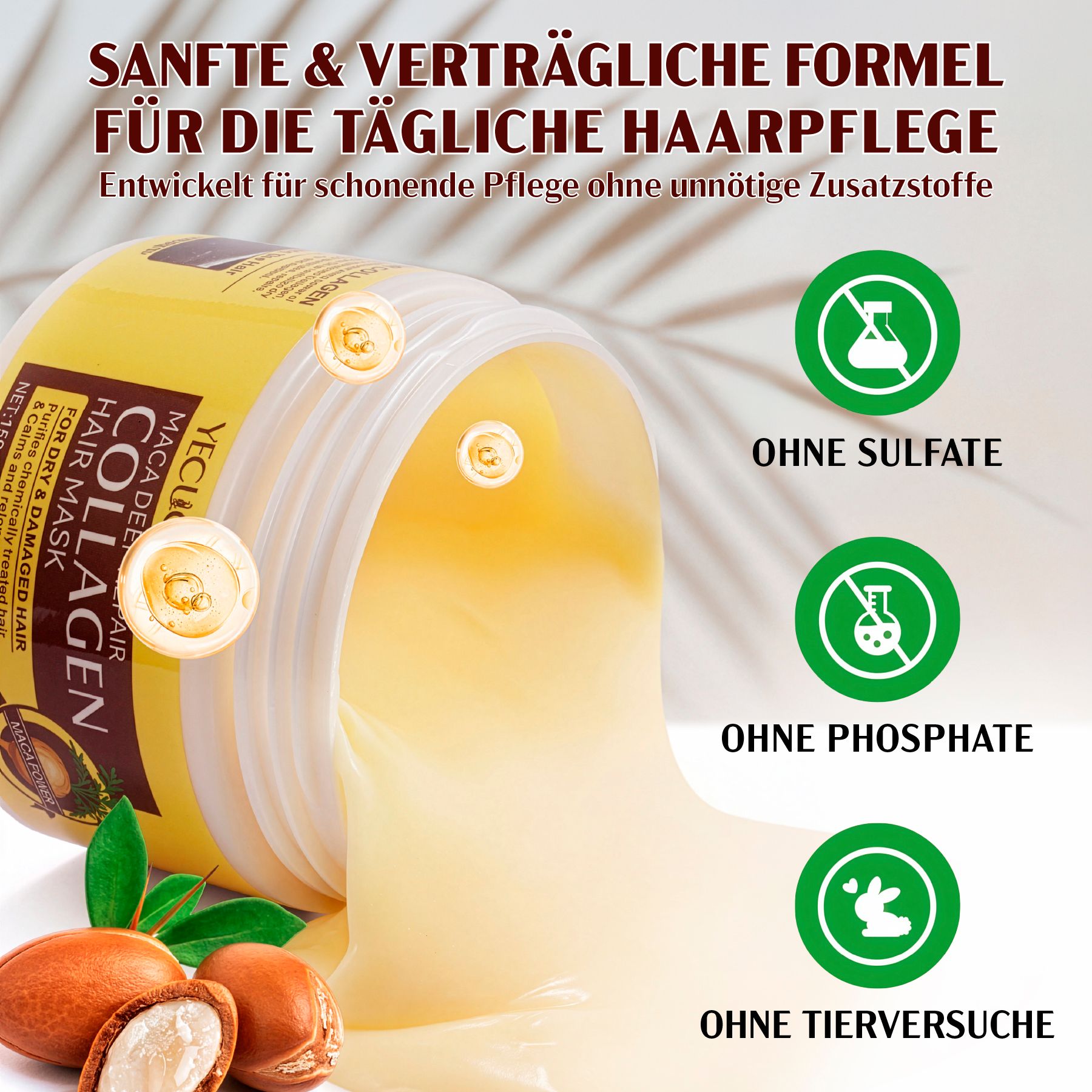 Geöffneter Tiegel mit gelbem Produkt. Text: MACA DEEP REPAIR COLLAGEN HAIR MASK. Symbole: Ohne Sulfate, Phosphate und Tierversuche.