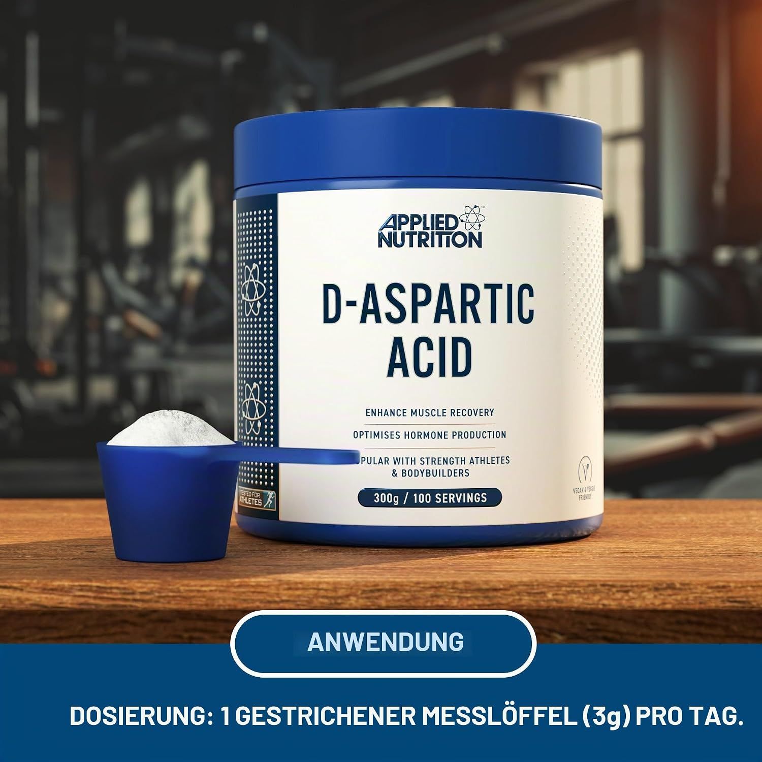Applied Nutrition D-Aspartic Acid Pulver in blauem Behälter mit Messlöffel. 300g.