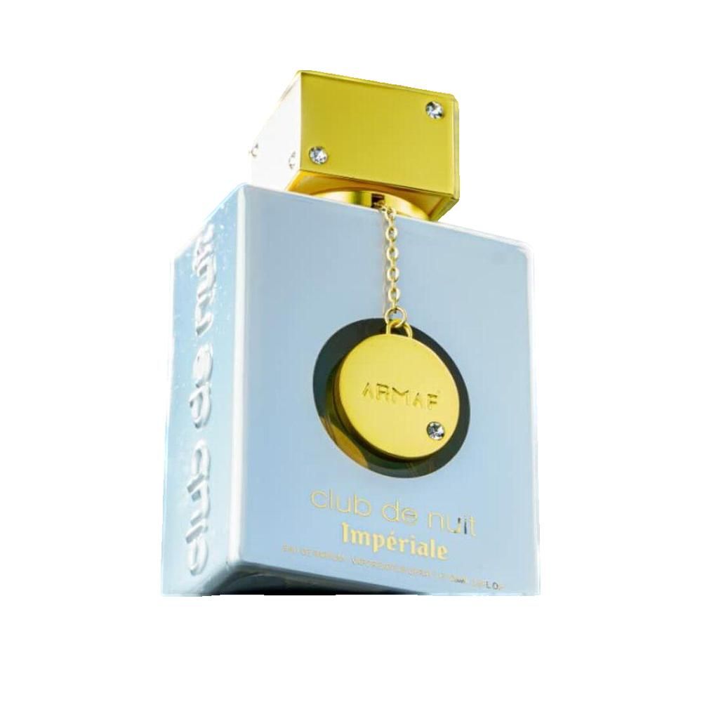 Hellblauer Flakon mit goldfarbenem Verschluss und Anhänger. Produktname und Logo.