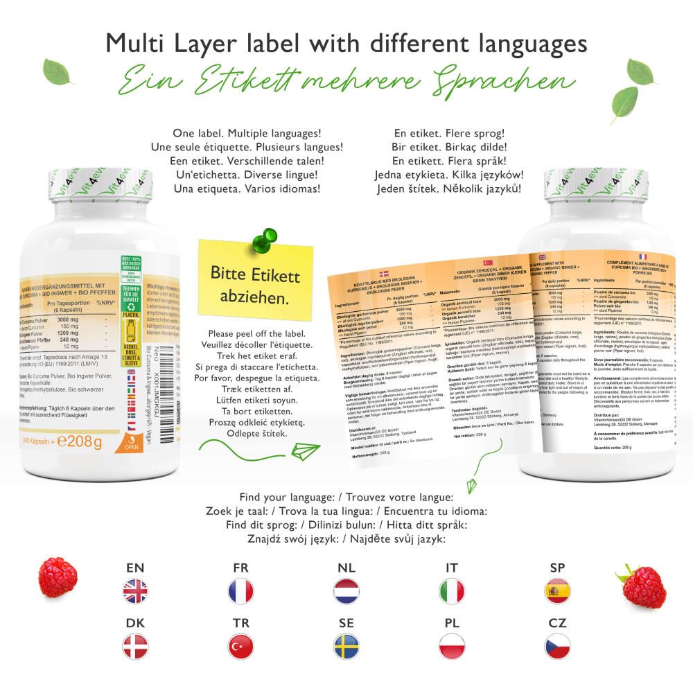 Produktflasche mit abziehbaren Etikett. Mehrsprachige Etiketten. Sprachen: EN, FR, NL, IT, SP, DK, TR, SE, PL, CZ.