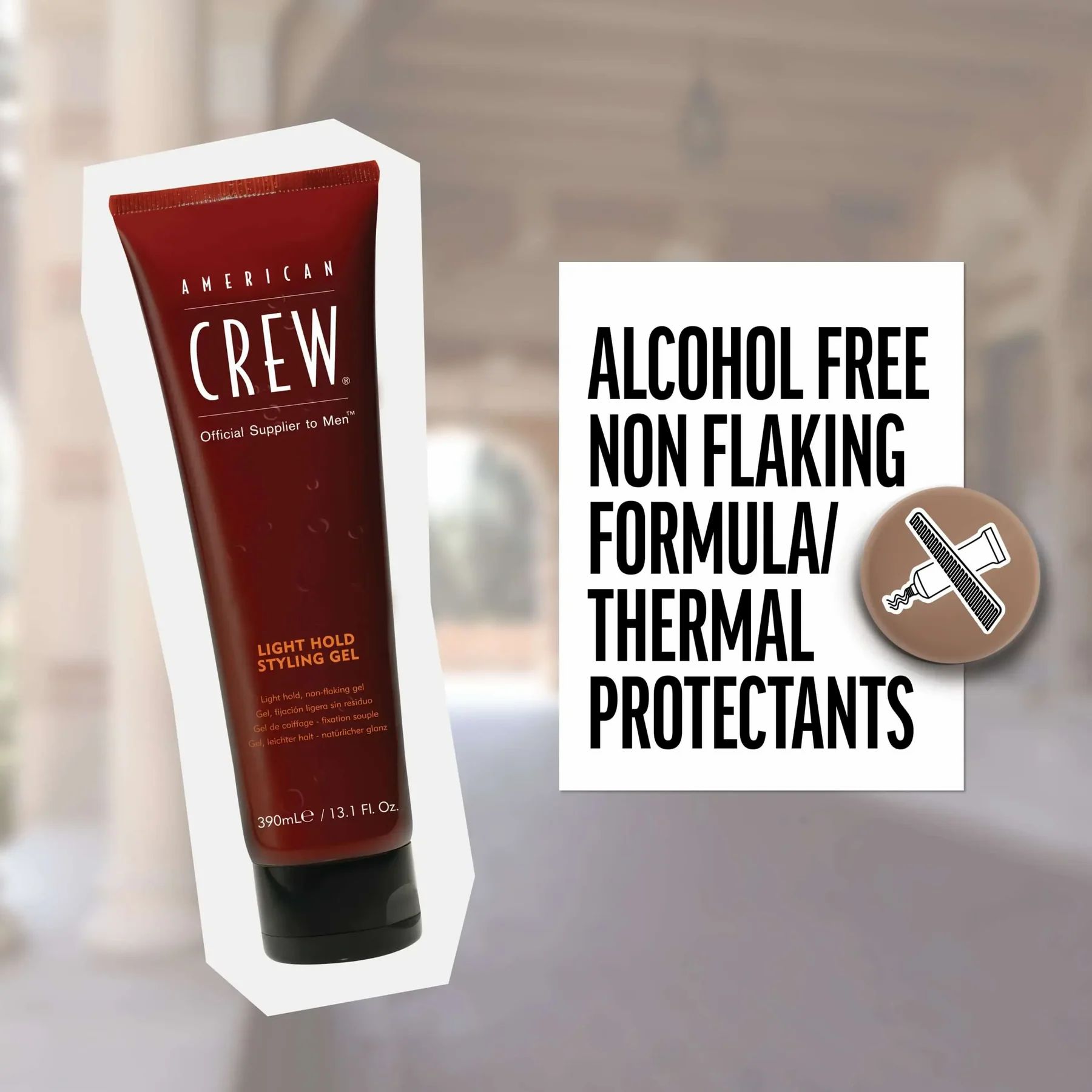 Braune Tube, American Crew Light Hold Styling Gel. Text: Alcohol Free, Non Flaking Formula, Thermal Protectants.