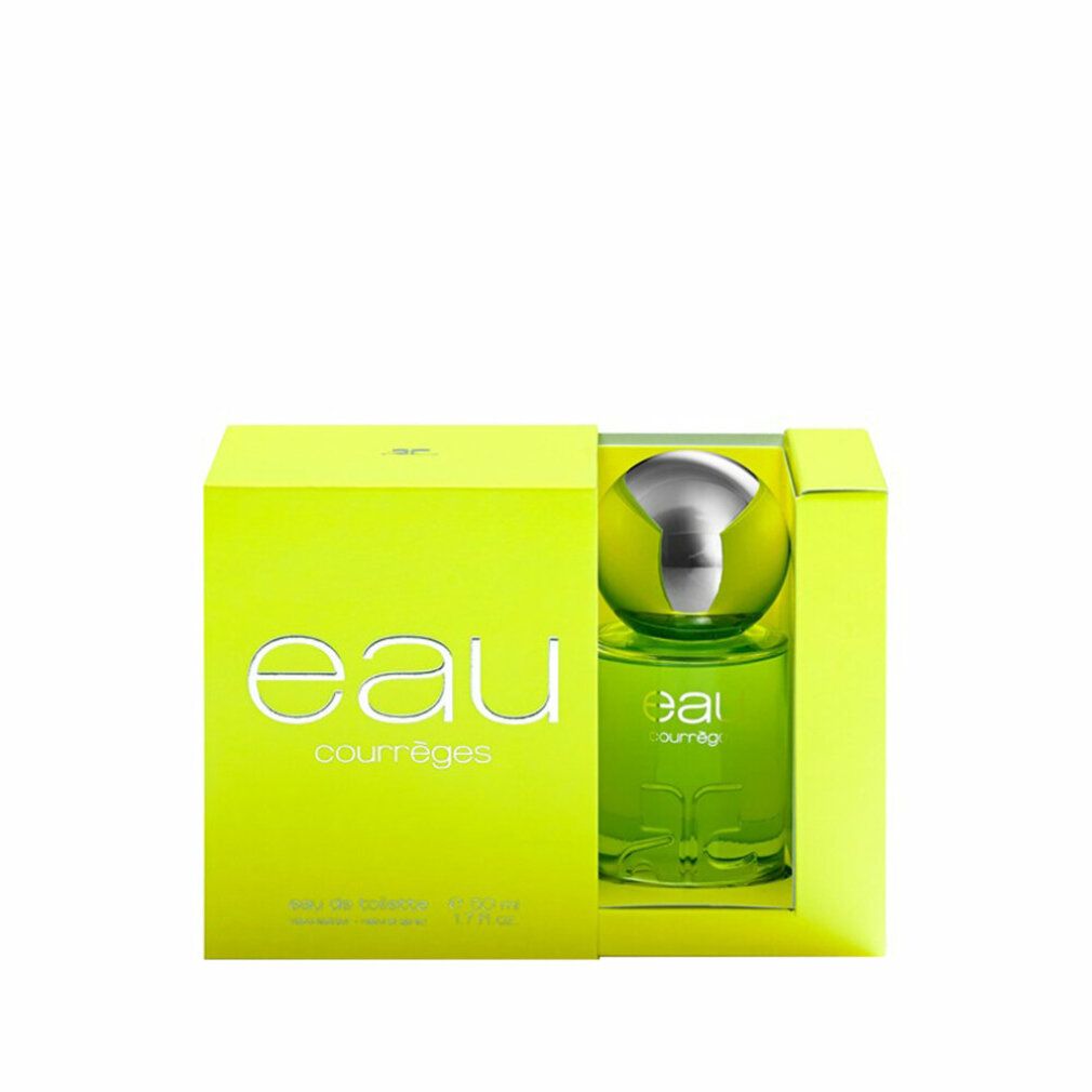 Grünes Flakon in neongelber Verpackung. Aufschrift "eau courrèges".