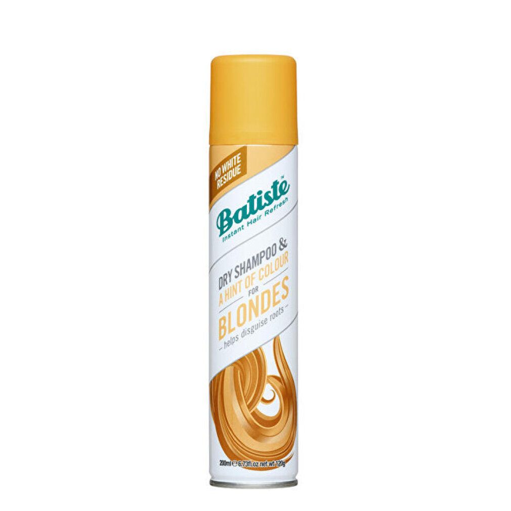 Trockenshampoo-Sprühflasche mit gelber Kappe und Schriftzug. Enthält "Batiste" und "BLONDES".