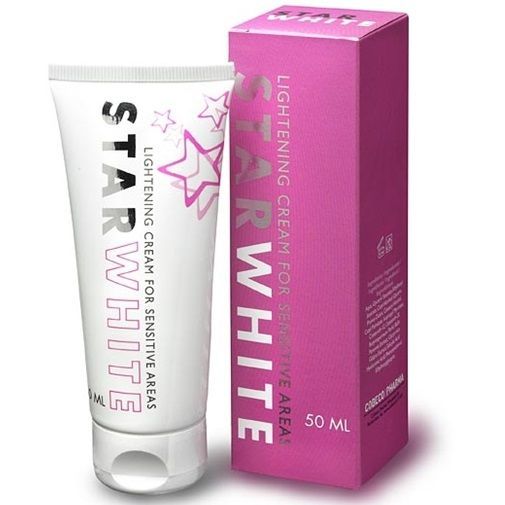 Creme-Tube und Schachtel. Aufschrift STAR WHITE, Lightening Cream for Sensitive Areas. Rosa Sterne und Schrift.