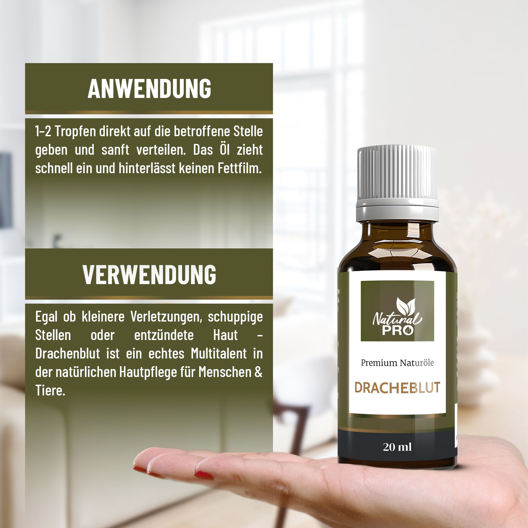 Braune Glasflasche mit weißem Deckel. Etikett mit Logo und Produktname Drachenblut. Flasche wird von Hand gehalten.